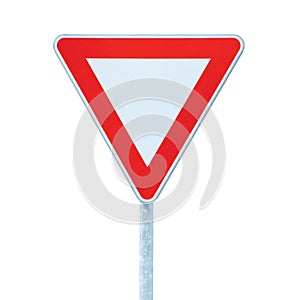 Give way priority yield road traffic roadsign sign, isolatedlarge detailed closeup