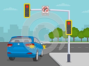 Give way rules at traffic lights. Suv car making the right turn on `no turn on red` sign. Back view.