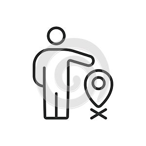 Give wrong location, icon in line design. Wrong, location, error, misplace, coordinates, GPS, mistake on white