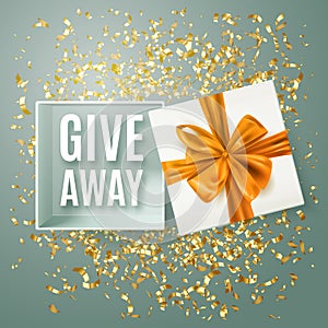 Giveaway advertisement banner with realistic open gift box, decorative gold bow and confetti, vector illustration