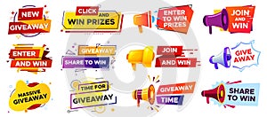 Giveaway banner with megaphone. Loudspeaker announcement of competition. Winning prizes and gifts in contest