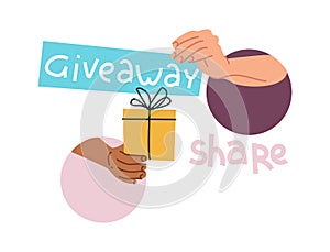 Giveaway gift. Blogger gives presents to subscribers and winners of contests. Arms hands over holiday box. People