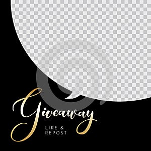 Giveaway golden lettering on black banner banner card. Calligraphy text