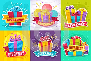 Giveaway post. Give away gift announcement, winner contest reward and christmas prize for social media posts and website