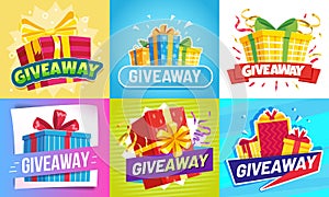 Giveaway post. Give away gifts, winner reward and gift prize draw social media posts vector illustration set