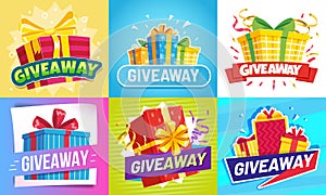 Giveaway post. Give away gifts, winner reward and gift prize draw social media posts vector illustration set photo