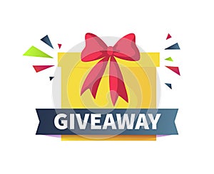 Giveaway poster. Give presents concept. Cartoon square yellow box with red ribbon bow and confetti. Congratulate winners
