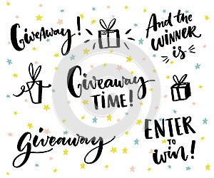 Giveaway text and design elements. Set of handwritten lettering and hand drawn gifts. Social media contest typography