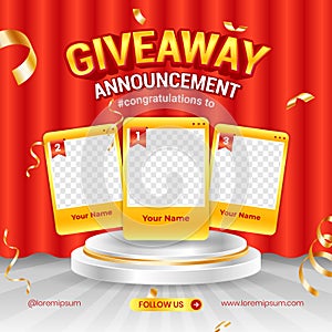 Giveaway winner announcement social media post banner template with 3d element