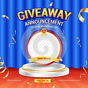 Giveaway winner announcement social media post banner template with 3d element