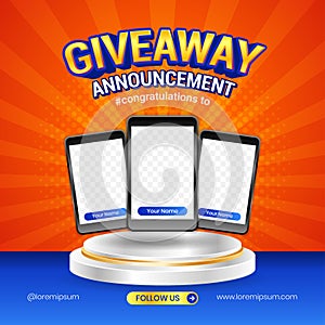 Giveaway winner announcement social media post banner template with 3d element