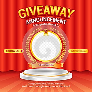 Giveaway winner announcement social media post banner template with 3d element