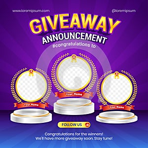 Giveaway winner announcement social media post banner template with 3d element