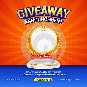 Giveaway winner announcement social media post banner template with 3d element