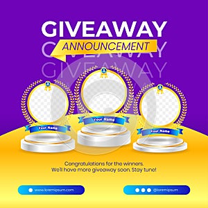 Giveaway winner announcement social media post banner template with 3d element