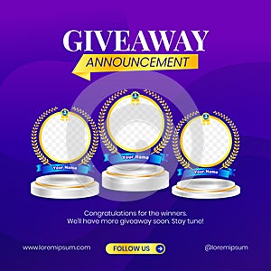 Giveaway winner announcement social media post banner template with 3d element