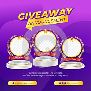 Giveaway winner announcement social media post banner template with 3d element