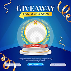 Giveaway winner announcement social media post banner template with 3d element