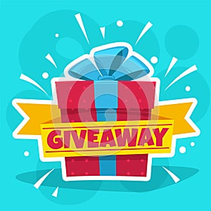 Giveaway winner card. Congratulate and promotional posters. Web banner with gift box with prize. Social media post or