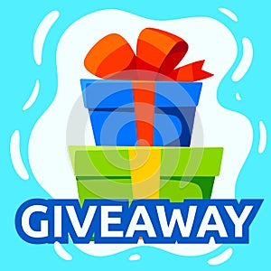 Giveaway winner gift. Free give away wrapped gift box with ribbons template. Giveaways post gift, winner reward banner, quiz