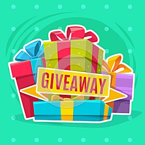 Giveaway winner poster. Different colorful gift boxes with bows, presets composition. Congratulate and promotional