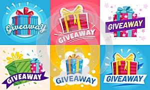 Giveaway winner poster. Gift offer banner, giveaways post and gifts prize flyer vector illustration set