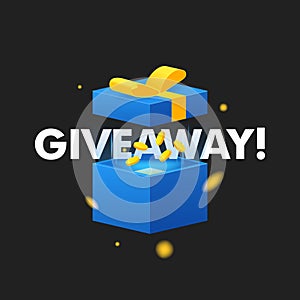 Giveaway word above open box with light explosion and golden coins inside on black background illustration poster template. Give