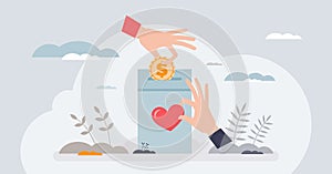 Giving campaigns and financial money donation box tiny person hands concept