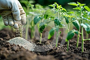 Giving granulated fertilizer, Hand in glove closeup, excess fertilizers, a lot of nitrates, excess pesticides photo