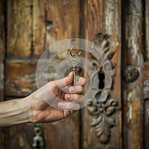 Giving a key to house, hand holds door keys on wooden door background with copy space