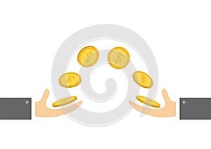Giving and taking Hands Flying golden coin money dollar sign. Helping hand concept. Flat design style. Business support credit ico