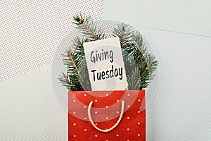 Giving Tuesday concept. Minimal flat lay with handwriting text Giving Tuesday in red gift bag and fir tree branches on pastel
