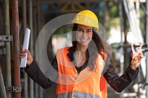 Giving the V-sign on construction site