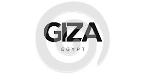 Giza in the Egypt emblem. The design features a geometric style, vector illustration with bold typography in a modern font. The