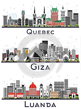 Giza Egypt, Quebec Canada and Luanda Angola City Skylines Set with Gray Buildings Isolated on White