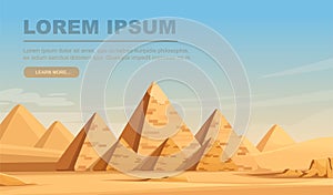 Giza Egyptian Pyramids desert landscape with sky flat vector illustration horizontal banner design