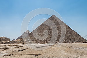 The Giza pyramid complex, an archaeological site on the Giza Plateau, on the outskirts of Cairo, Egypt. It includes the three