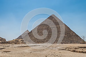 The Giza pyramid complex, an archaeological site on the Giza Plateau, on the outskirts of Cairo, Egypt. It includes the three