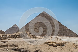 The Giza pyramid complex, an archaeological site on the Giza Plateau, on the outskirts of Cairo, Egypt. It includes the three