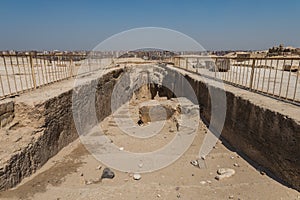 The Giza pyramid complex in the desert on the outskirts of Cairo, Egypt. It includes the three Great Pyramids Khufu/Cheops,