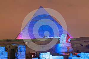 Giza Pyramid and Sphinx Light Show at Night - Cairo, Egypt