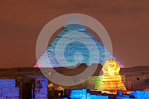 Giza Pyramid and Sphinx Light Show at Night - Cairo, Egypt