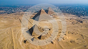 Giza pyramids landscape. historical egypt pyramids shot by drone.