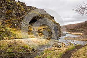 Gjain Canyon landscape with small waterfalls, Thjorsardalur valley, Iceland