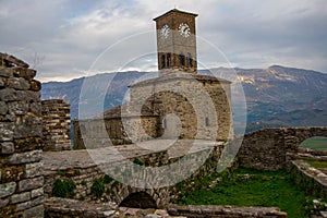 GJIROKASTRA, ALBANIA: Old Clock tower in the castle of Gjirokastra.