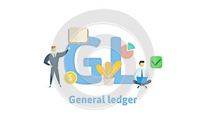 GL, General Ledger. Concept with keywords, letters and icons. Flat vector illustration. Isolated on white background.
