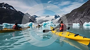 Glacial Adventures, Ocean Kayaking with Friends in Alaska\'s Majestic Bear Glacier. Generative AI