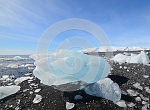 Glacial ice in black sand in Iceland