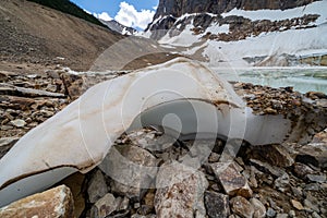 Glacial ice remains well into summer at Mt. Edith Cavell and the Path of the Glacier trail