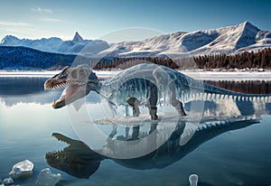 glacial period. extinction of the dinosaurs. reptile ingrown into ice.